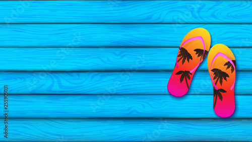 Blue sky plank board represent at summer season decorated by slippers over the board on the right hand side, slippers color tone is sunset gradient and silhouette of coconut trees