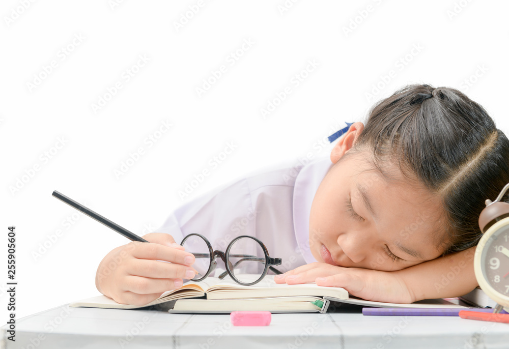 girl sleep while doing hard homework isolated girl sleep while doing hard homework isolated