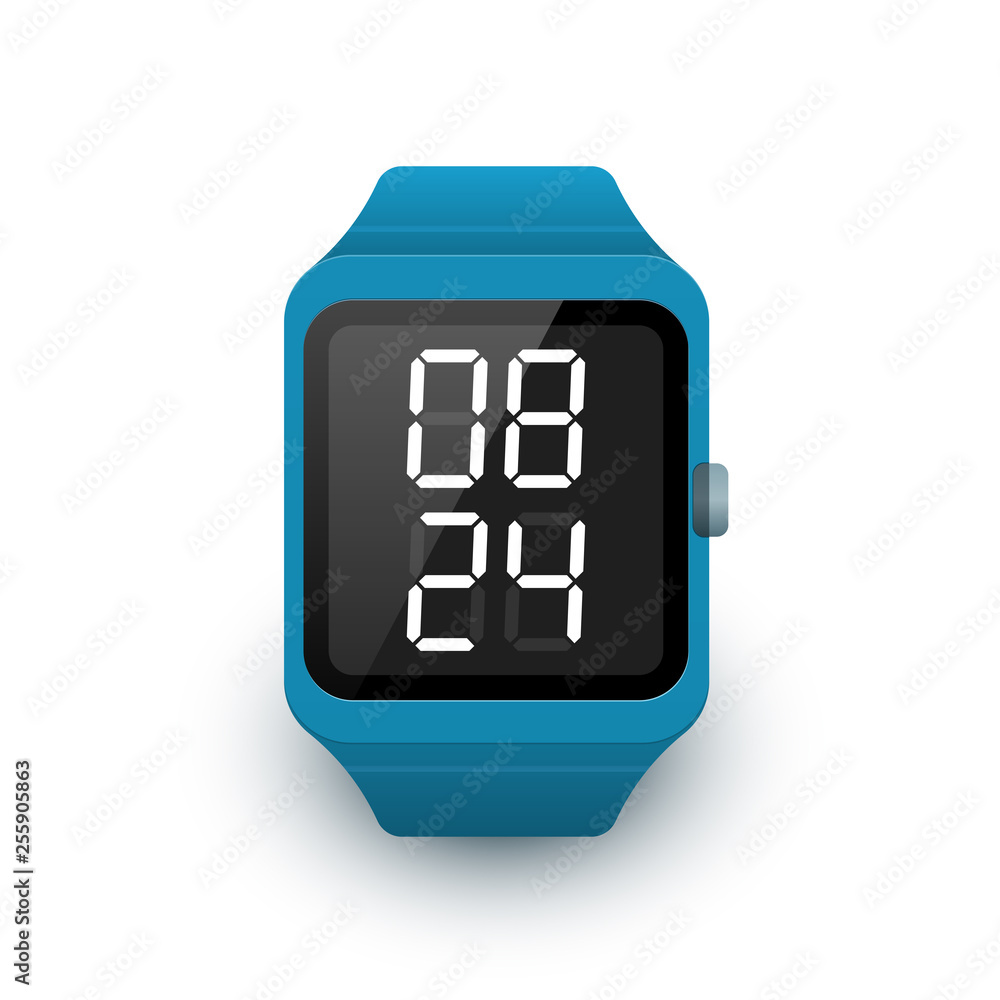 Smart watch icon with digital clock app on screen. Vector illustration of smartwatch on white background