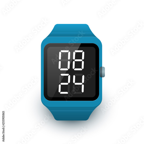 Smart watch icon with digital clock app on screen. Vector illustration of smartwatch on white background
