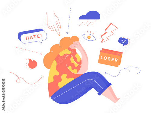 Cyberbullying, bullying using electronic means, online pressure. Posting rumors, threats, sexual remarks, a victims' personal information, or pejorative labels. Illustration on white background.