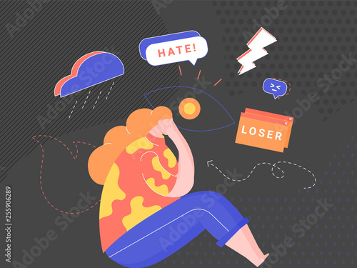 Cyberbullying, bullying using electronic means, online pressure. Posting rumors, threats, sexual remarks, a victims' personal information, or pejorative labels. Woman is scared and upset. 