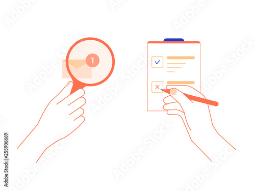 Set of hands in two colors. One is holding a magnifying glass over the envelope icon, new letter has arrived. The second marks the answers in the survey form. Vector illustration.