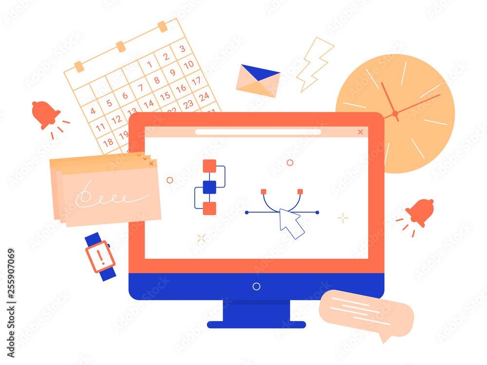 Concept illustration. Deadline, project execution, effective work. Desktop designer, programmer, manager. Set of objects: monitor, calendar, notification bell, smart watch, envelope, browser.