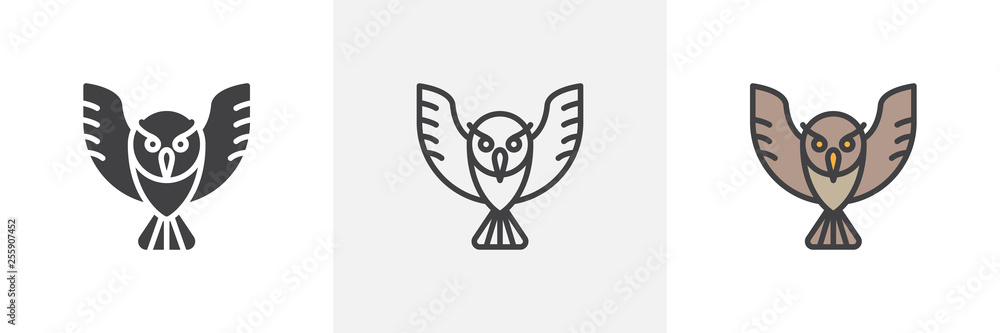 Obraz premium Owl bird icon. Line, glyph and filled outline colorful version, Flying owl animal outline and filled vector sign. Wisdom symbol, logo illustration. Different style icons set. Vector graphics