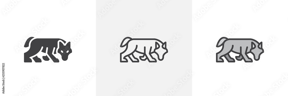 Hunting wolf icon. Line, glyph and filled outline colorful version, wolf predator animal outline and filled vector sign. Symbol, logo illustration. Different style icons set. Vector graphics