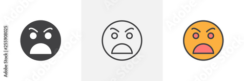 Grimacing angry smiley icon. Line, glyph and filled outline colorful version, Angry face emoticon outline and filled vector sign. Symbol, logo illustration. Different style icons set. Vector graphics