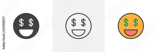 Money face smiley icon. Line, glyph and filled outline colorful version, Dollar eyes emoticon outline and filled vector sign. Symbol, logo illustration. Different style icons set. Vector graphics