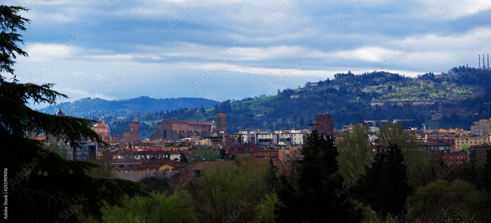 Panorama view of Bologna, basilic of San Petronio, the hills behind the city