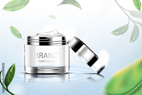 Luxury cosmetic Bottle package skin care cream, Beauty cosmetic product poster, with Green tea and water on blue background