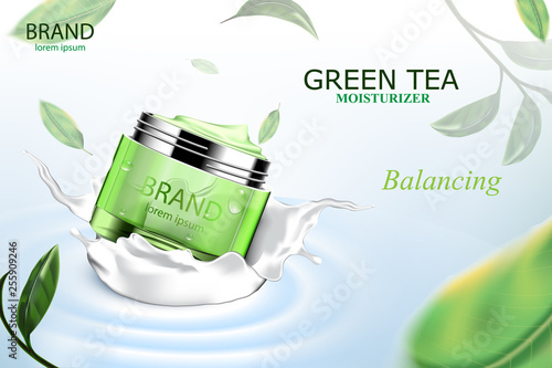 Luxury cosmetic Bottle package skin care cream, Beauty cosmetic product poster, with Green tea and water on blue background