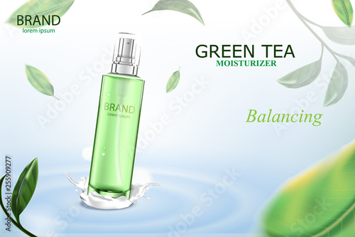 Luxury cosmetic Bottle package skin care cream, Beauty cosmetic product poster, with Green tea and water on blue background
