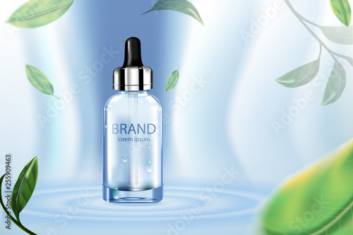 Luxury cosmetic Bottle package skin care cream, Beauty cosmetic product poster, with Green tea and water on blue background