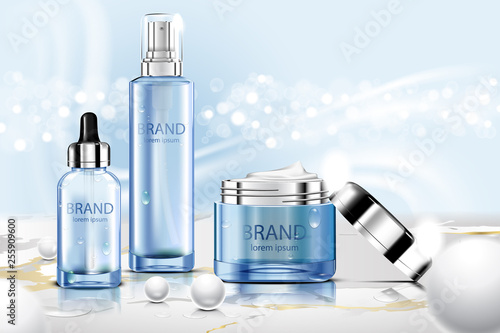 Luxury cosmetic Bottle package skin care cream, Beauty cosmetic product poster, with bokeh and pearl on Mable floor and blue background