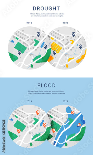 Drought and Flood infographic maps. Modern flat design vector illustration.