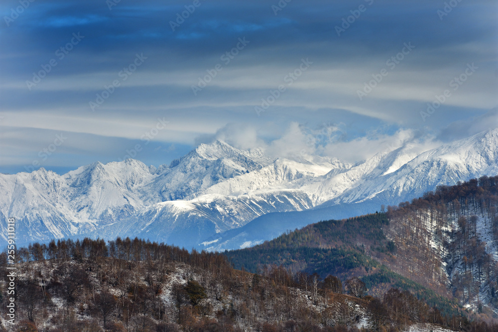 Fagaras Mountains covered in snow in late Autumn