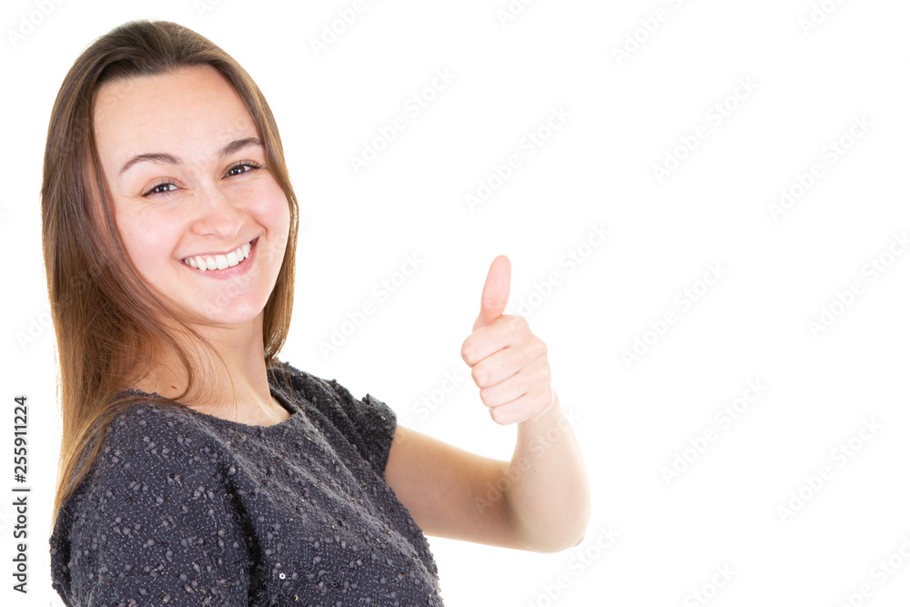 Beautiful woman giving thumbs up over white background copy space Beautiful woman giving thumbs up over white background copy space