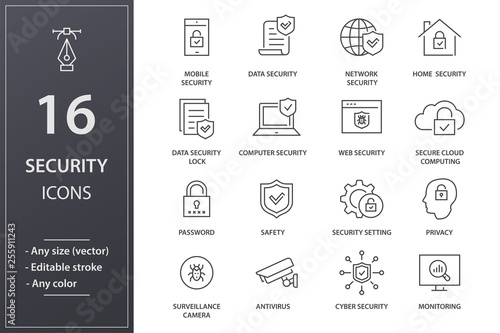 Security line icons set. Black vector illustration. Editable stroke. 