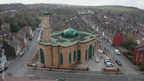 Aerial view of Gilani Noor Mosque in Longton, Stoke on Trent, Staffordshire, the new Mosque being built for the growing muslim community to worship and congregate photo