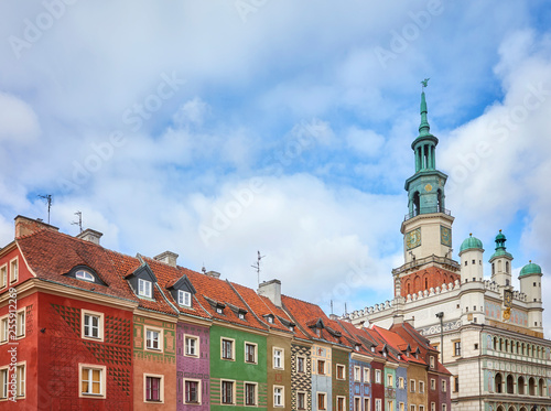 Poznan Old Town colorful houses and Town Hall architecture, Poland.