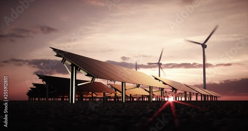 Modern and futuristic aesthetic black solar panels of large photovoltaic power station with wind turbines in background in warm sunset light. 3d rendering.