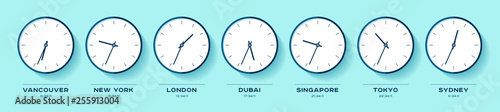 World time. Simple Clock icons in flat style. Vancouver, New York, London, Dubai, Singapore, Tokyo, Sydney. Black Watch on white background. Business illustration for you presentation. Vector design photo