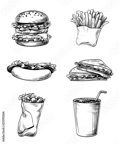 Set of Fast Food. Hamburger logo.  Hand drawn meal graphic lines icons. French fries, sandwich, hamburger, Hot Dog and soda drink for menu the restaurant, cafe, bistro or snack bar, vector isolated