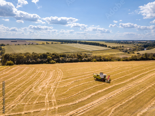 Countryside landscape aerial view from drone to agricultural field with combine on a blue sky background.