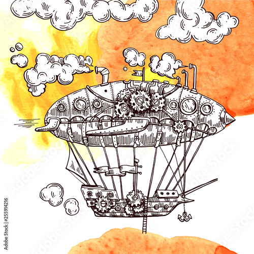 Hand drawn vector sketch illustration vintage aircraft.
