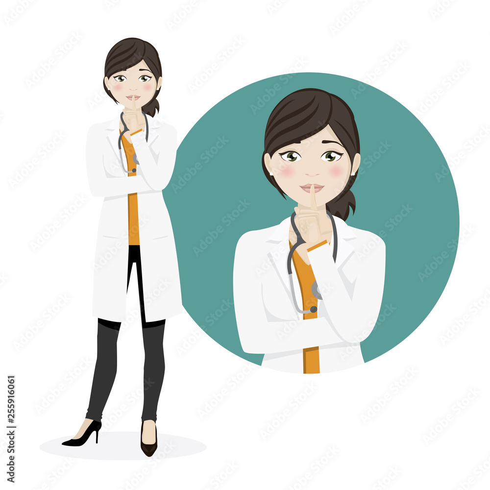 Woman doctor asking for silence on a white background