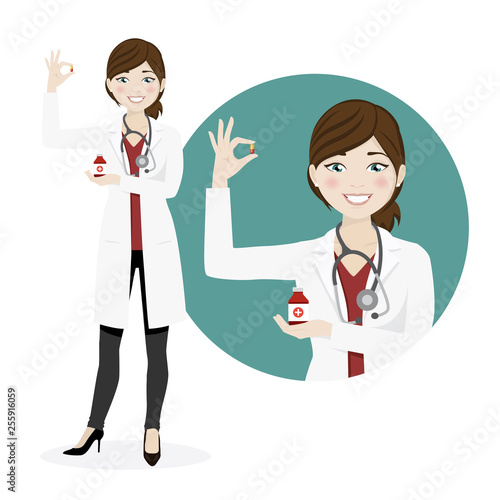 Woman doctor with medicines on a white background