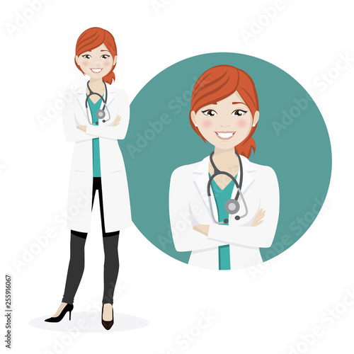 Redhead woman doctor on a white background