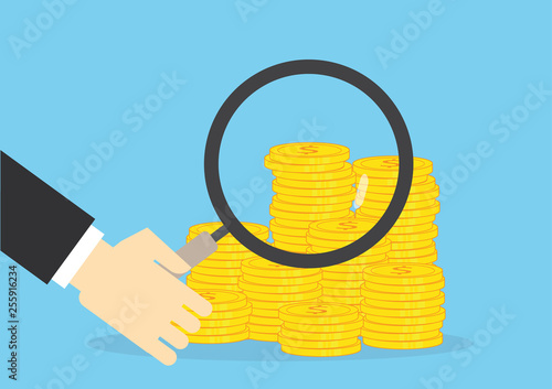 Business analysis Magnifying icon for money gold coin.