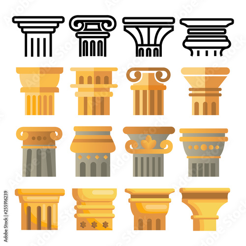 Ancient Column Icon Set Vector. Architecture Roman Symbol. Ancient Pillar. Greece Building. Rome Culture. Old Graphic Element. Historical. Line, Flat Illustration