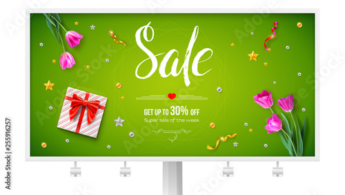 Billboard with Sale offer of the weekend. Spring sale, voucher with present and discount. Tulips bouquet, golden toys and gift box on green background. Handwritten cursive typeface