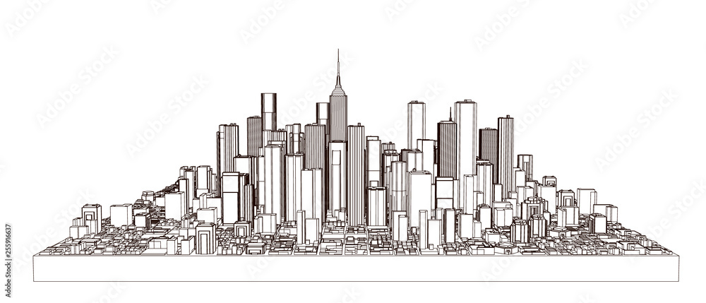 3D model of city. Vector outline illustration