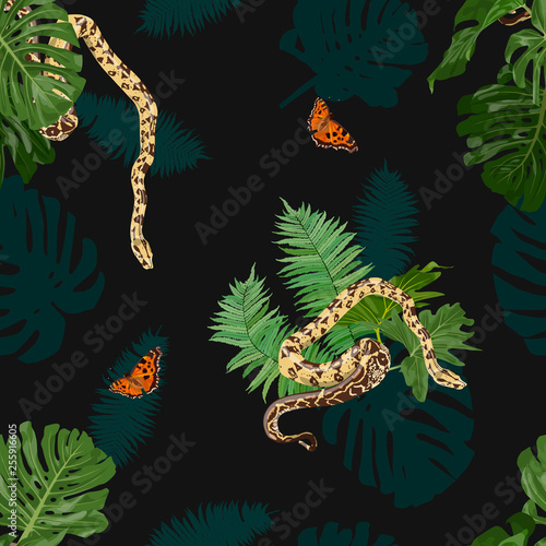 python and butterfly with leaves of monstera, Philodendron, fern. seamless pattern on black background