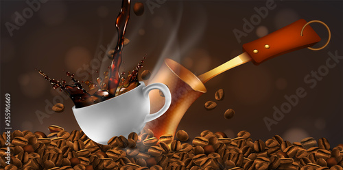 Coffee beans and a cup of steaming coffee with a transparency effect. 3D vector. High detailed realistic illustration