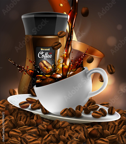 Coffee  advertising design  with cup of coffee and splash effect, 3D vector. High detailed realistic illustration