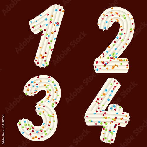 Tempting tipography. Font design. 3D numbers one, two, three, four of the whipped cream and candy