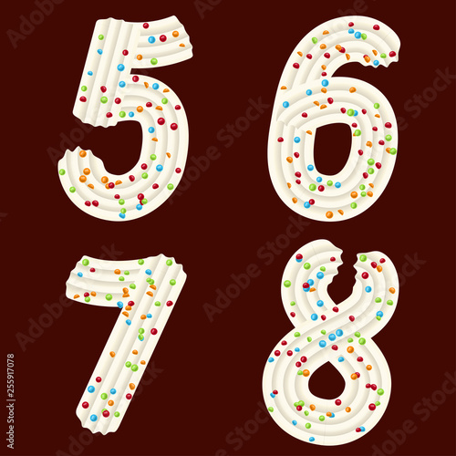 Tempting tipography. Font design. 3D numbers five, six, seven, eight of the whipped cream and candy