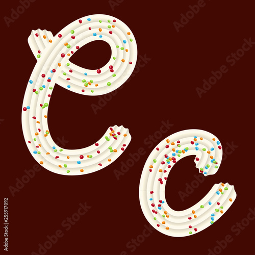 Tempting tipography. Font design. 3D letter C of the whipped cream and candy