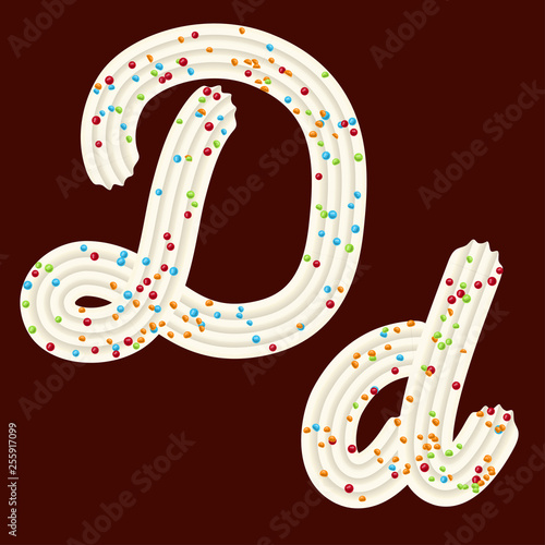 Tempting tipography. Font design. 3D letter D of the whipped cream and candy