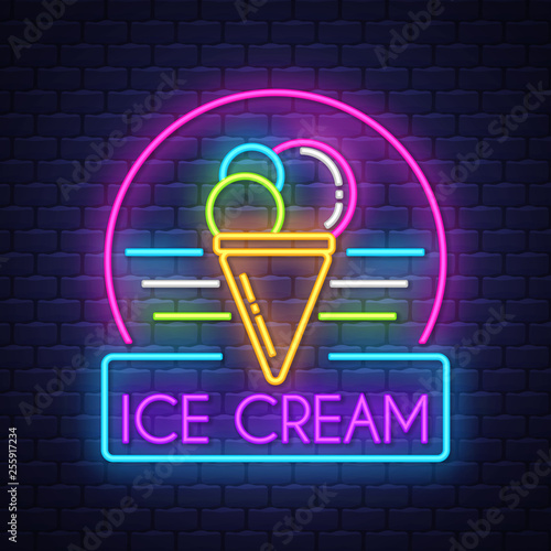 Ice cream- Neon Sign Vector on brick wall background