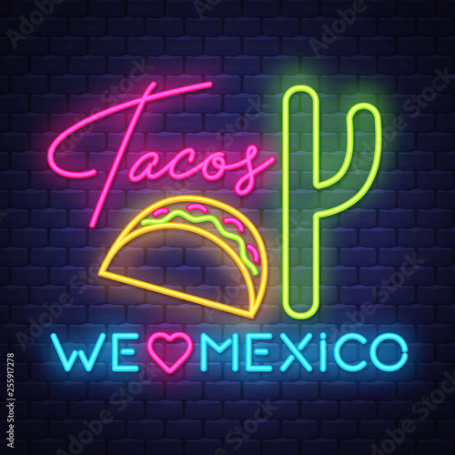Tacos- Neon Sign Vector on brick wall background
