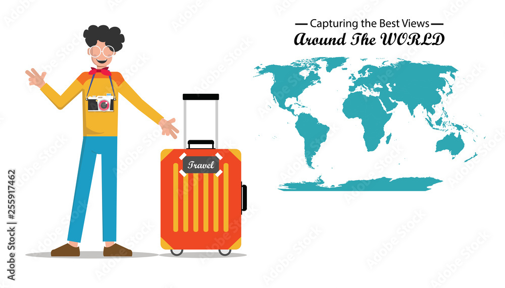 A man with his camera traveling around the world to capture good view or shoot concept. Modern designed, easy to edit and customize. Banner flat style. Vector illustration A man with his camera traveling around the world to capture good view or shoot concept. Modern designed, easy to edit and customize. Banner flat style. Vector illustration