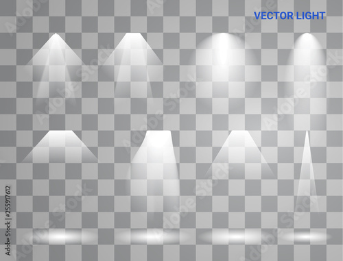 White beam lights set of different shapes and projections gleaming in the darkness banner abstract vector illustration