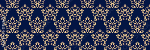 Floral seamless pattern. Golden design on long dark blue background