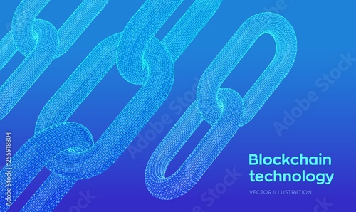 Block chain. Crypto currency. Hyperlink chain. Blockchain concept. 3D wireframe chain with digital code. Chain link with binary code. Editable cryptocurrency template. Stock vector illustration.