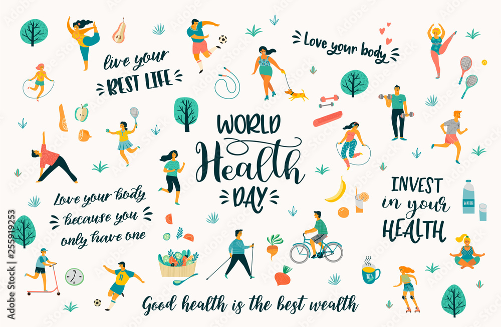 Vettoriale Stock World Health Day. Vector illustration with people leading  an active healthy lifestyle and quotes. | Adobe Stock
